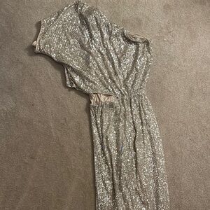 Fashion Nova gold sequin one shoulder jumpsuit